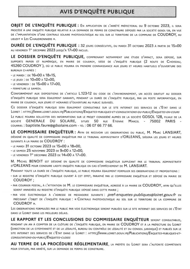 Rapport enquête publique - Centrale Solaire COUDROY